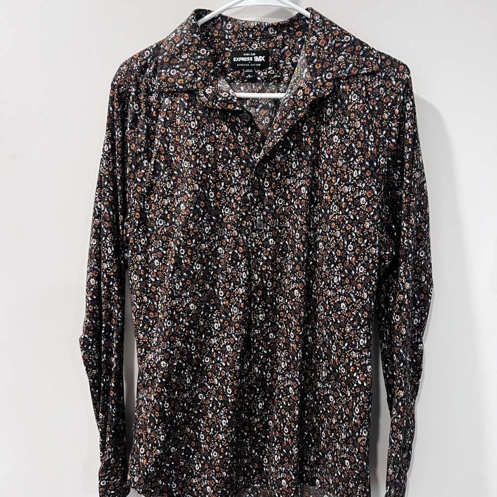 Express Men's Black and Brown Floral Shirt